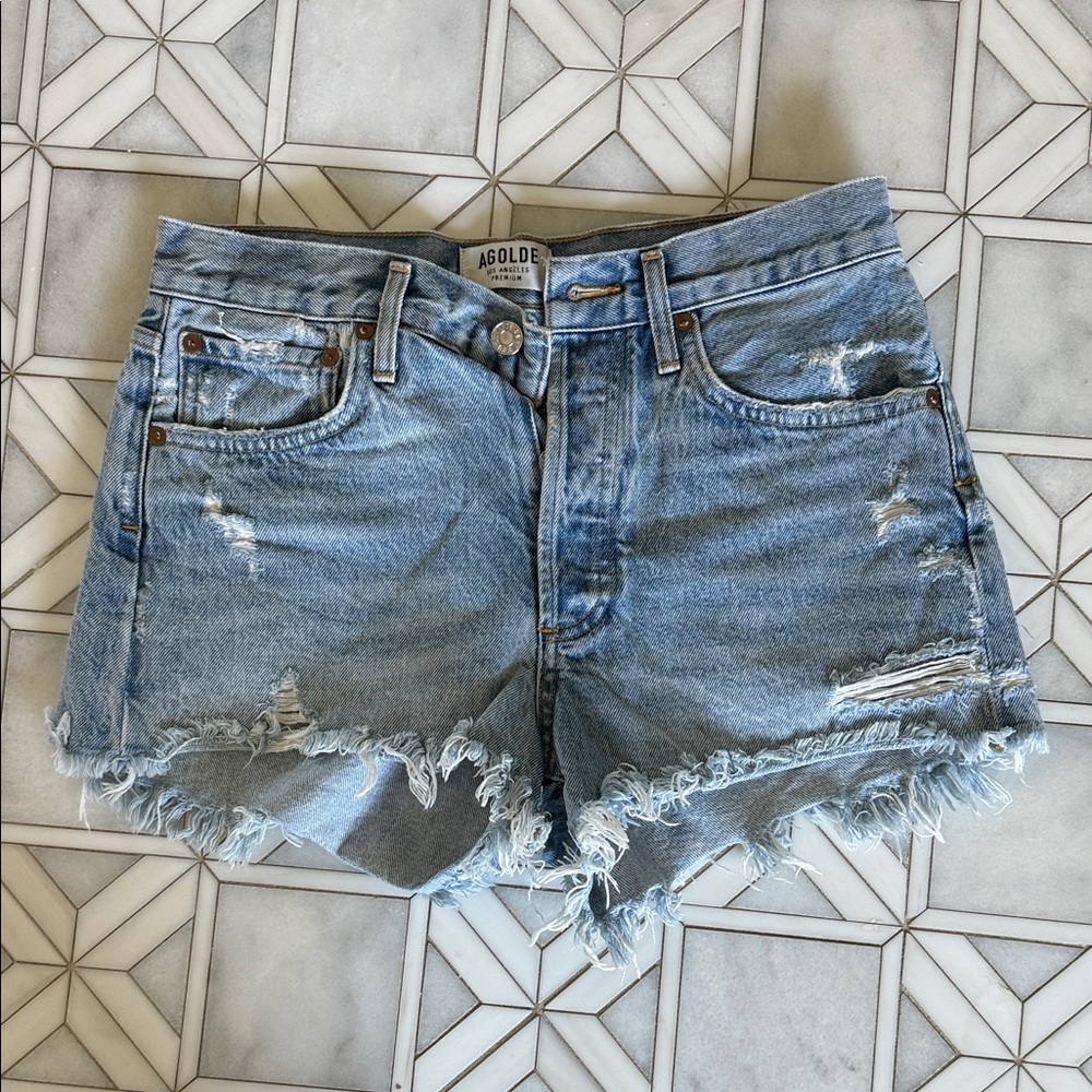 Agolde Women's Frayed Hem Jean Shorts - Light Blue